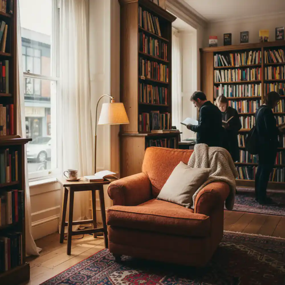 A cozy reading nook inside the bookshop with warm lighting