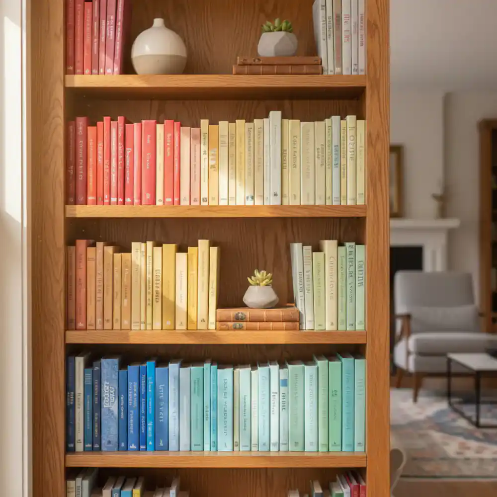 Close up of an organized wooden bookshelf