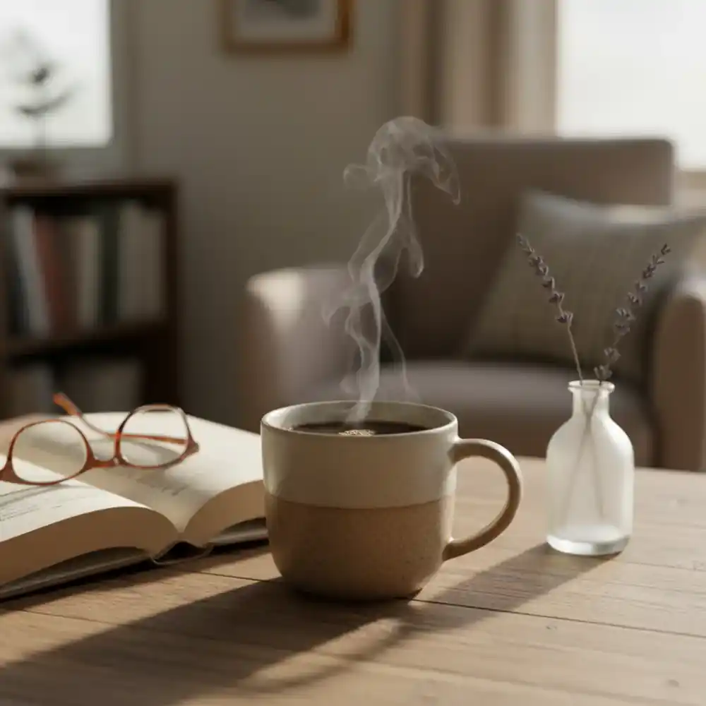 A hot cup of coffee resting next to an open book
