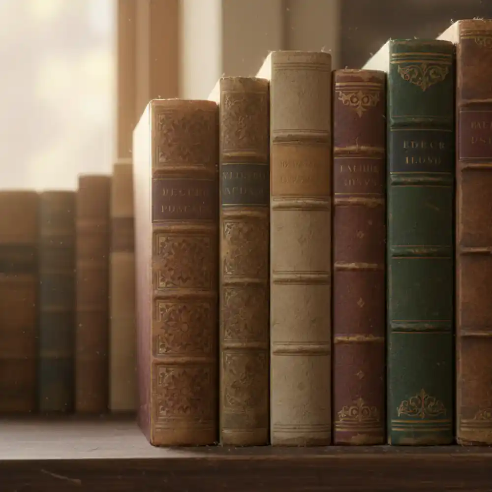 Close up photograph of beautiful vintage book spines on a shelf