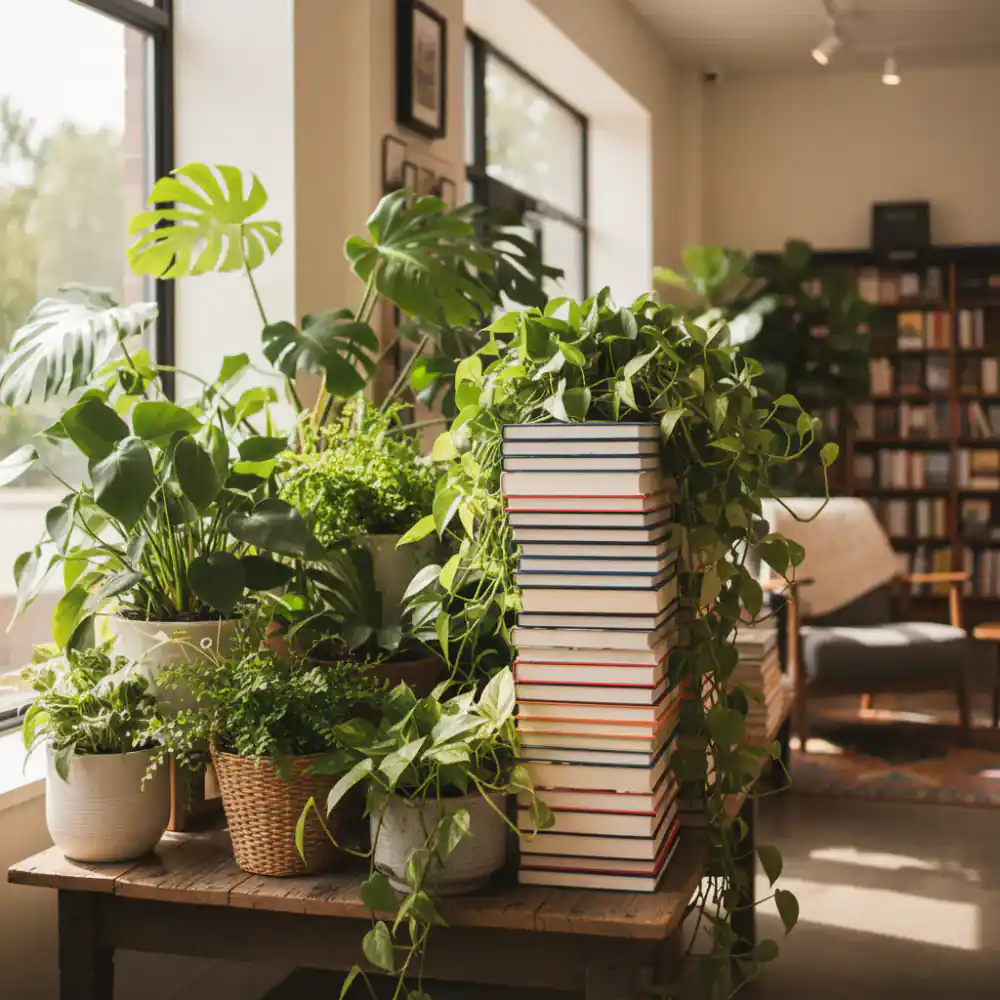 Lush potted plants sitting next to a stack of new arrivals