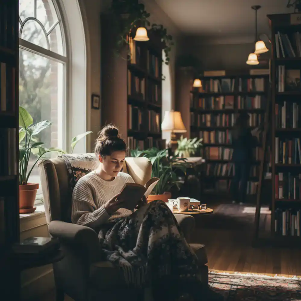 A person reading intently in a cozy corner of the shop