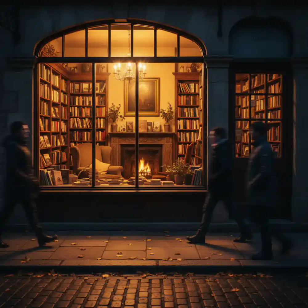 Warm, inviting light spilling from the bookshop window at dusk