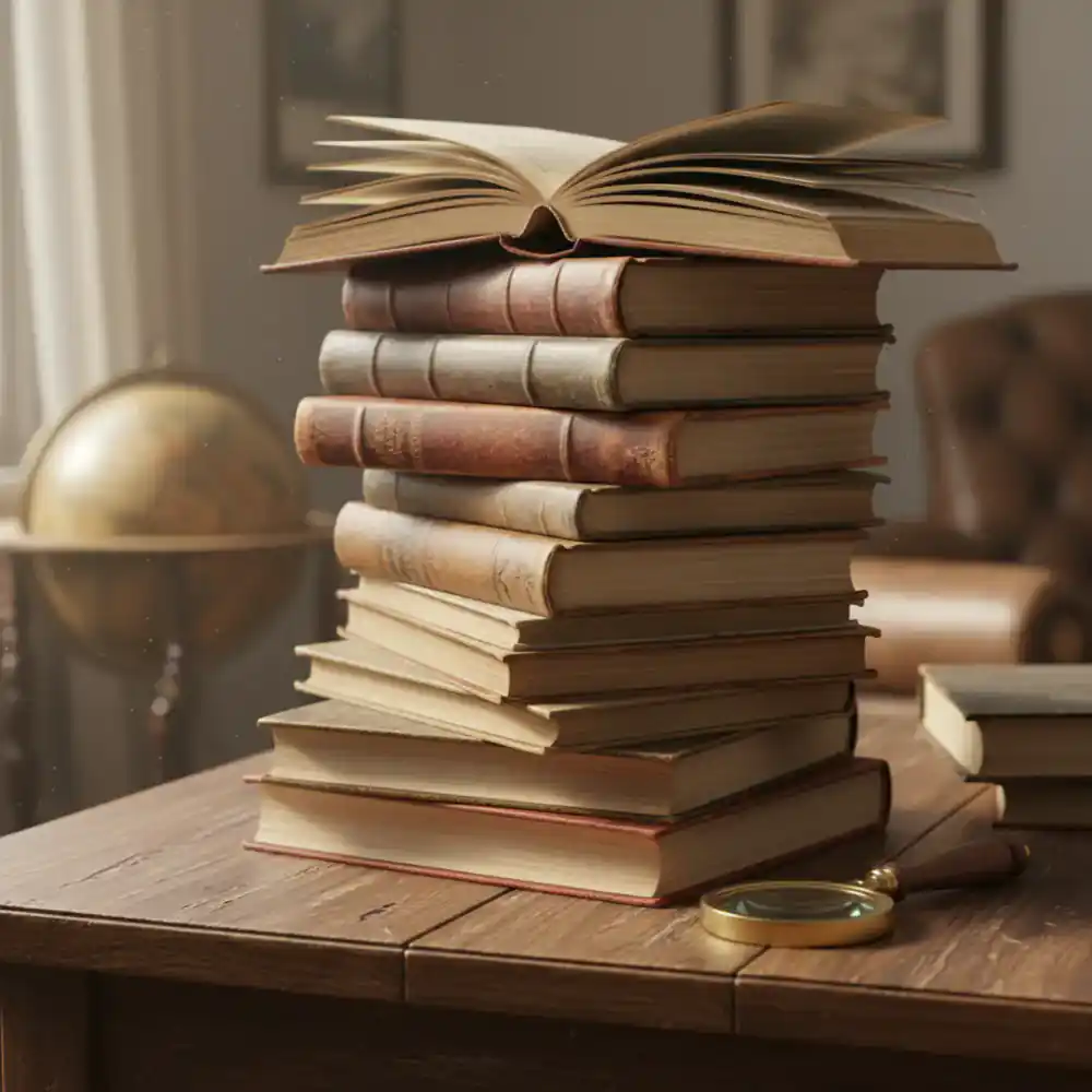 Stack of vintage books resting on a wooden table